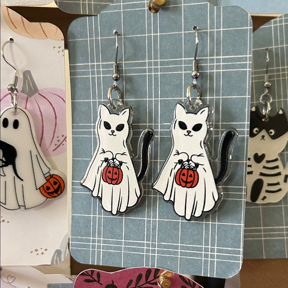 Trick or Treating Ghost Cat Halloween Earrings